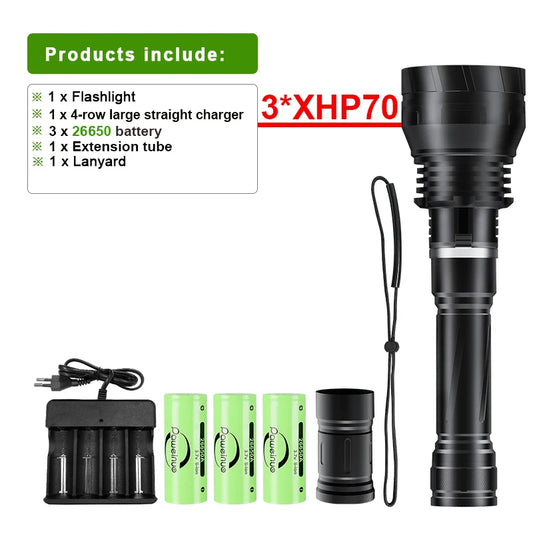 New 3*XHP70 Professional Diving Flashlight Rechargeable Diving Torch Underwater 100M IP8 Super Waterproof Underwater Lantern